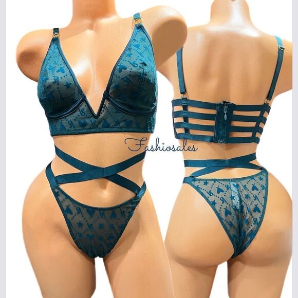 Victoria’s Secret LUXE Set Very Sexy Strappy Bra & Brazilian Slip Mesh Velvet XL - Picture 4 of 8